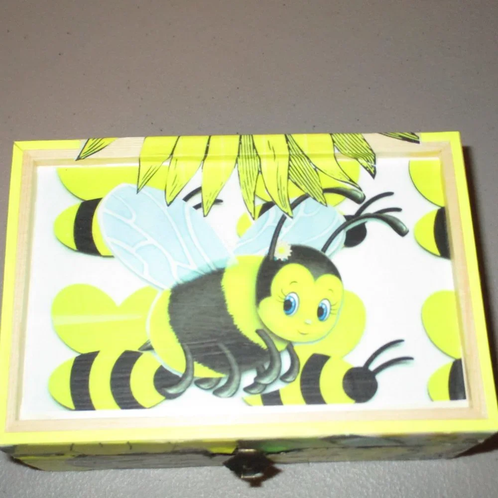 Bumble Bee Yellow Decoupage Wooden Stash Box Sunflower Catchall Hand Crafted